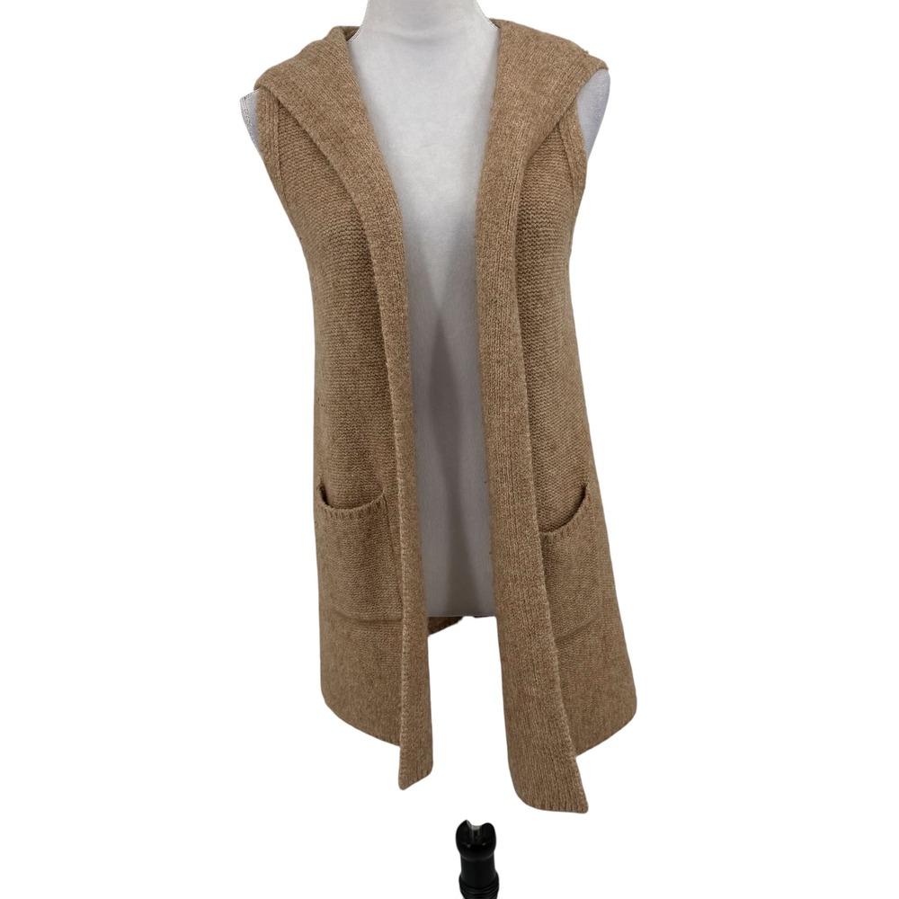 Tahari Sweater Vest Women Small Tan Merino Wool Blend Hooded Cardigan Fall